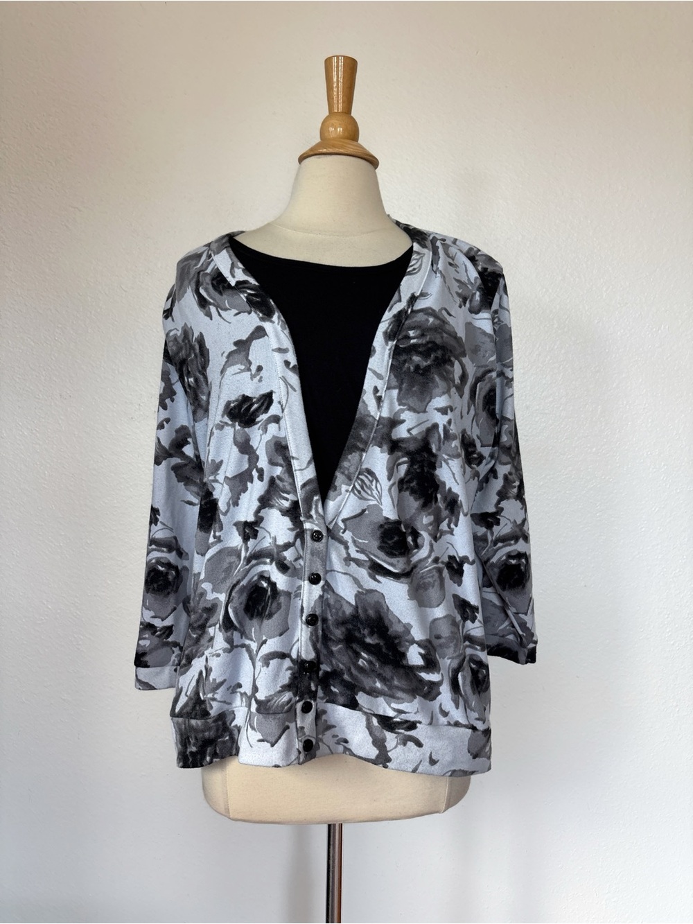 Grey & Black Floral Mock Knit Cardigan